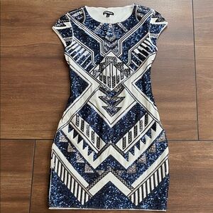 Express, women’s XS, art deco Blue and White Geometric Sequin Dress